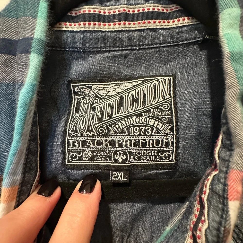 Affliction Men's Blue and Red Plaid Snap Down Shirt - Picture 5 of 9